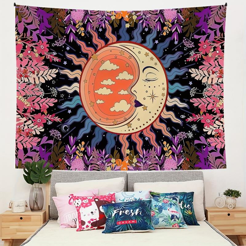 VIKAMA Boho Sun Moon Tapestry Vintage Floral Celestial Wall Hanging Aesthetic Bohemian Room Decor for Bedroom