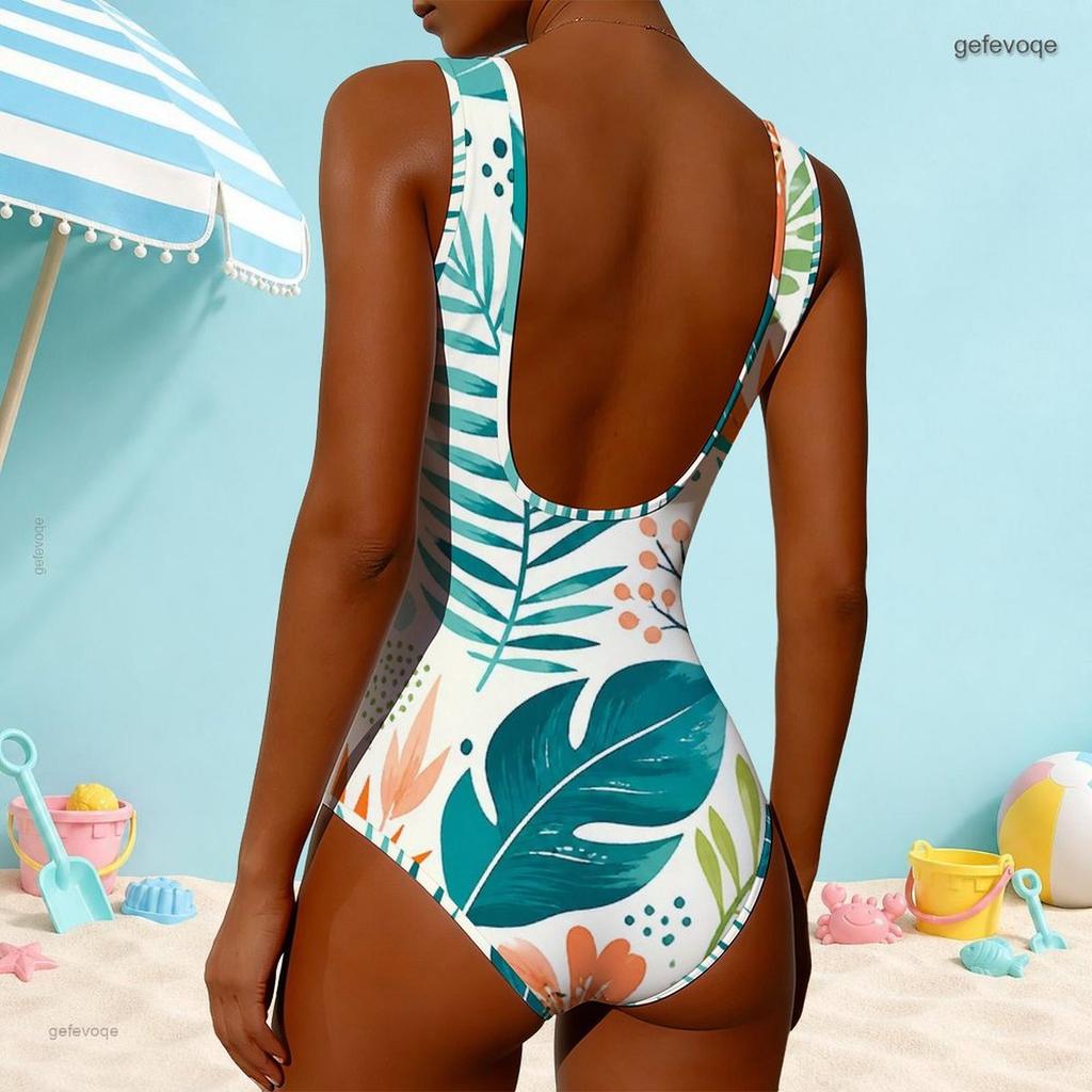 Women Plus Size High Round Neck Sleeveless Abstract Fruit Printed One Piece Swimsuit
