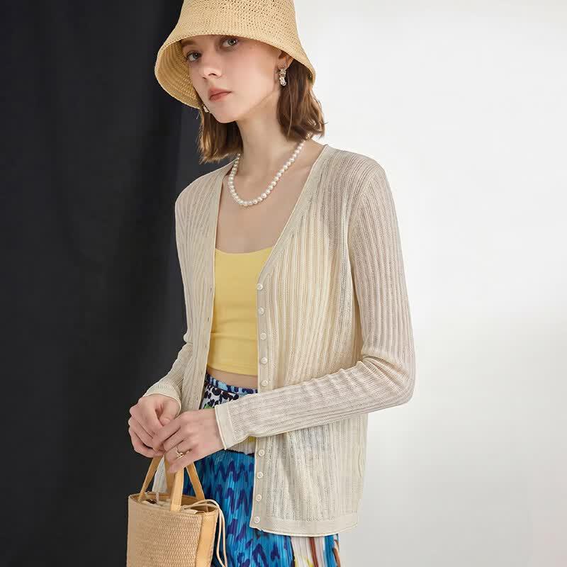 Women's French V-Neck Tencel Linen Blend Cardigan