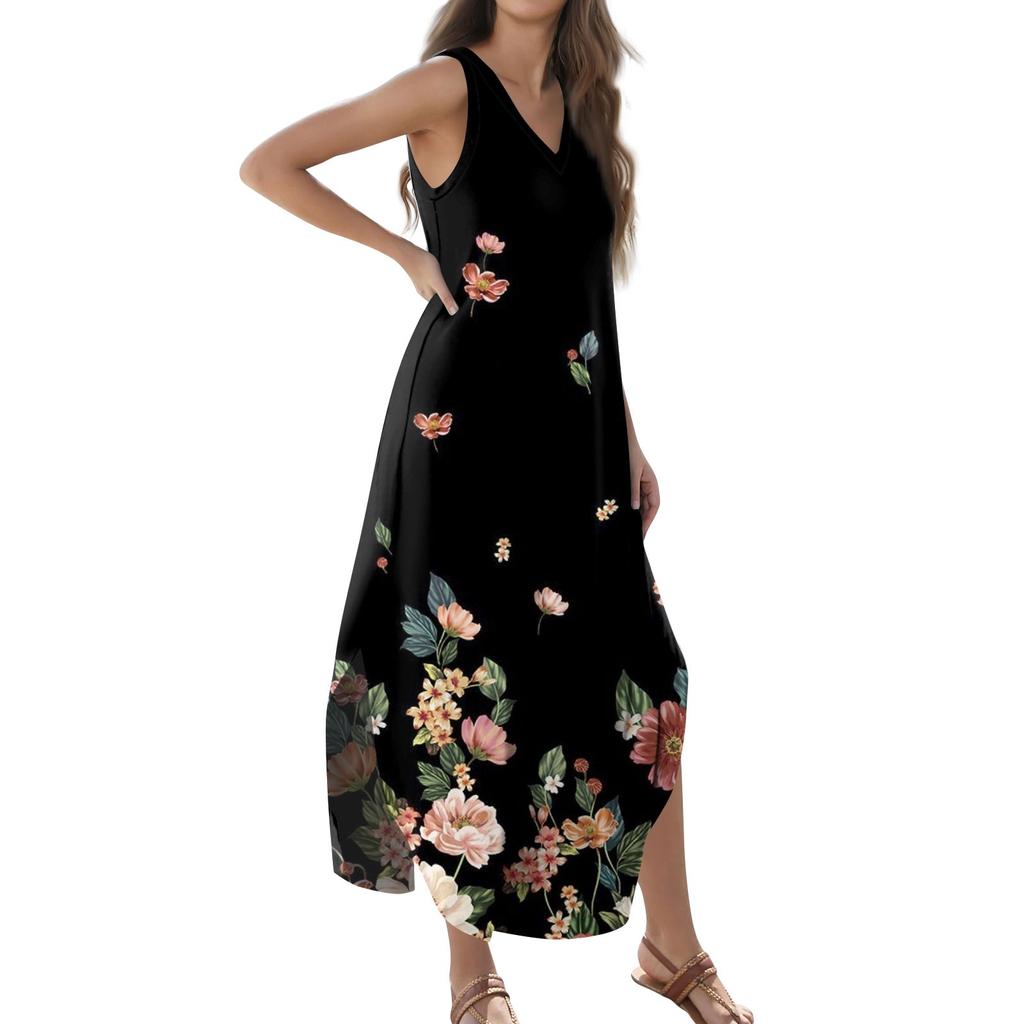 Women's 2024 Summer Casual Loose Sundress Long Dress Floral Print Sleeveless V Neck Split Tshirt Maxi Dresses