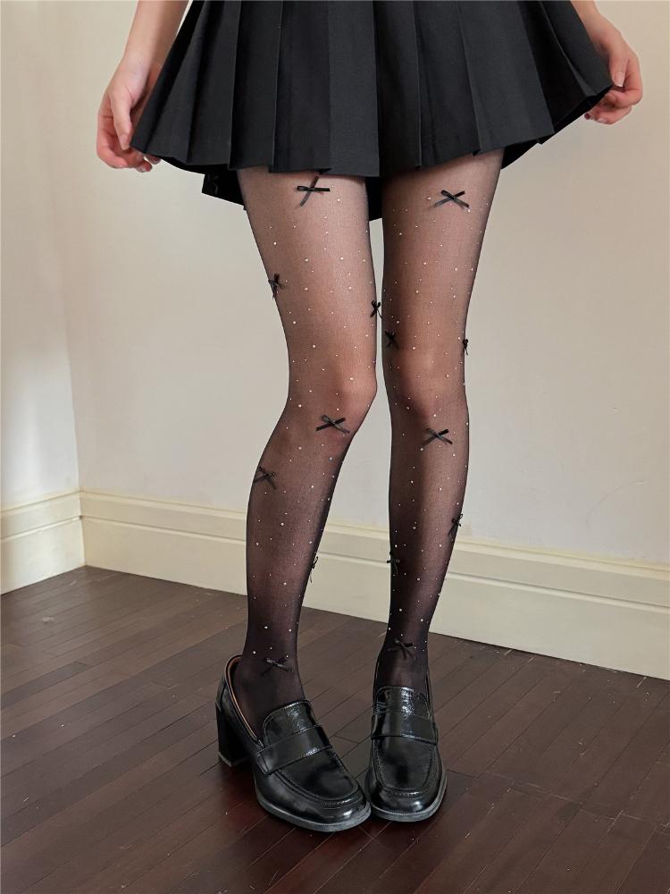 

Cute Bowknot Rhinestone Pantyhose Women Fashion Sexy Shiny Flesh Light White Tights Lolita Y2K Girl Thin Elastic Nylon Stockings One Size