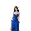 (Exclusive) Summer Beautiful Small Skirt Blue Plaid Suspender Dress, Summer New Long Dress Women's Clothing