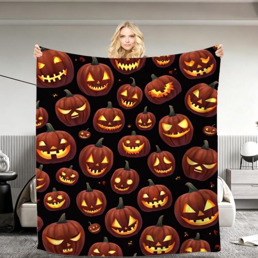 Fun Halloween Holiday Throw Blanket Spooky Pumpkin Ghost Spider Cat Print Soft Warm Blanket for Home Indoor Relaxation Daily Use