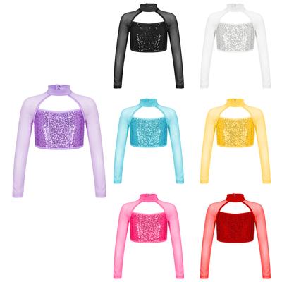 Kids Girls Stylish Clothing Long Sleeve Stand Collar Shiny Sequins Decorated Dance Crop Top