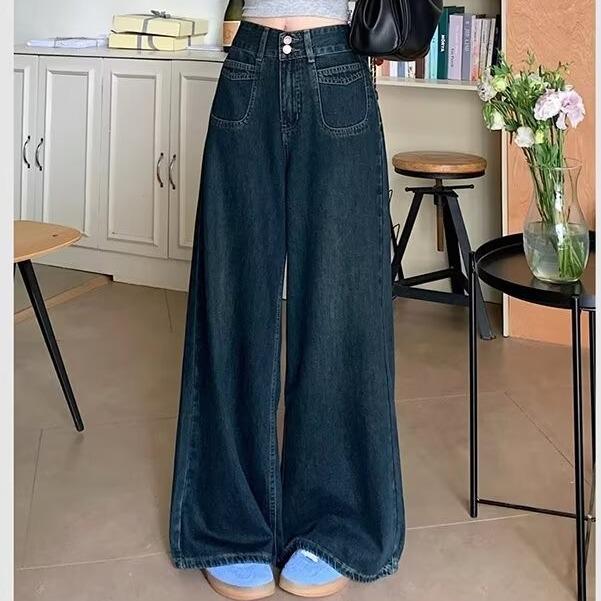 Women's High-Waisted Wide-Leg Double-Breasted Jeans - Retro Versatile Drape Mopping Pants for Spring & Autumn 2025