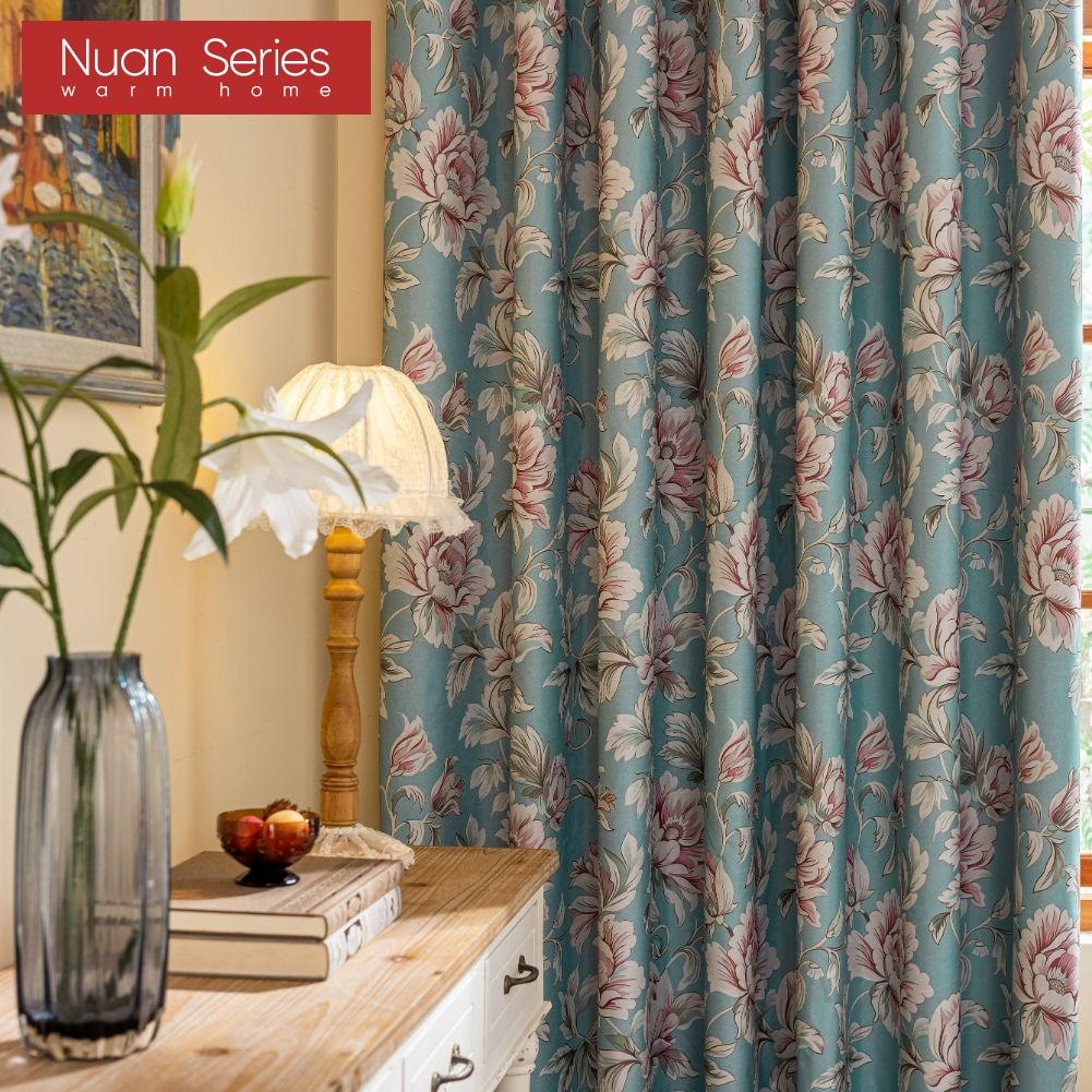 1PC Nuan Series American Countryside Style Peony Printed Blue Curtain Full Blackout Curtains for Bedroom Living Room Balcony Window for Home Decor