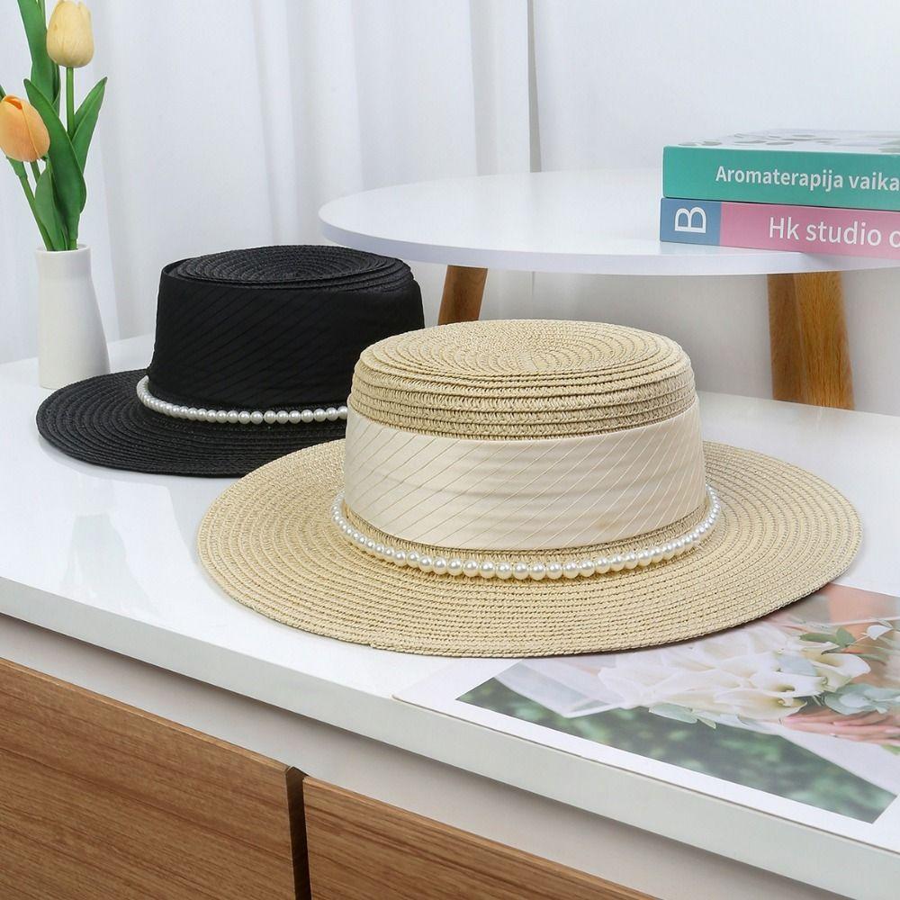 UV Protection Wide Brim Straw Hat Pearl Chain Weave Bucket Hat Fashion Women's Fisherman Hat  Party