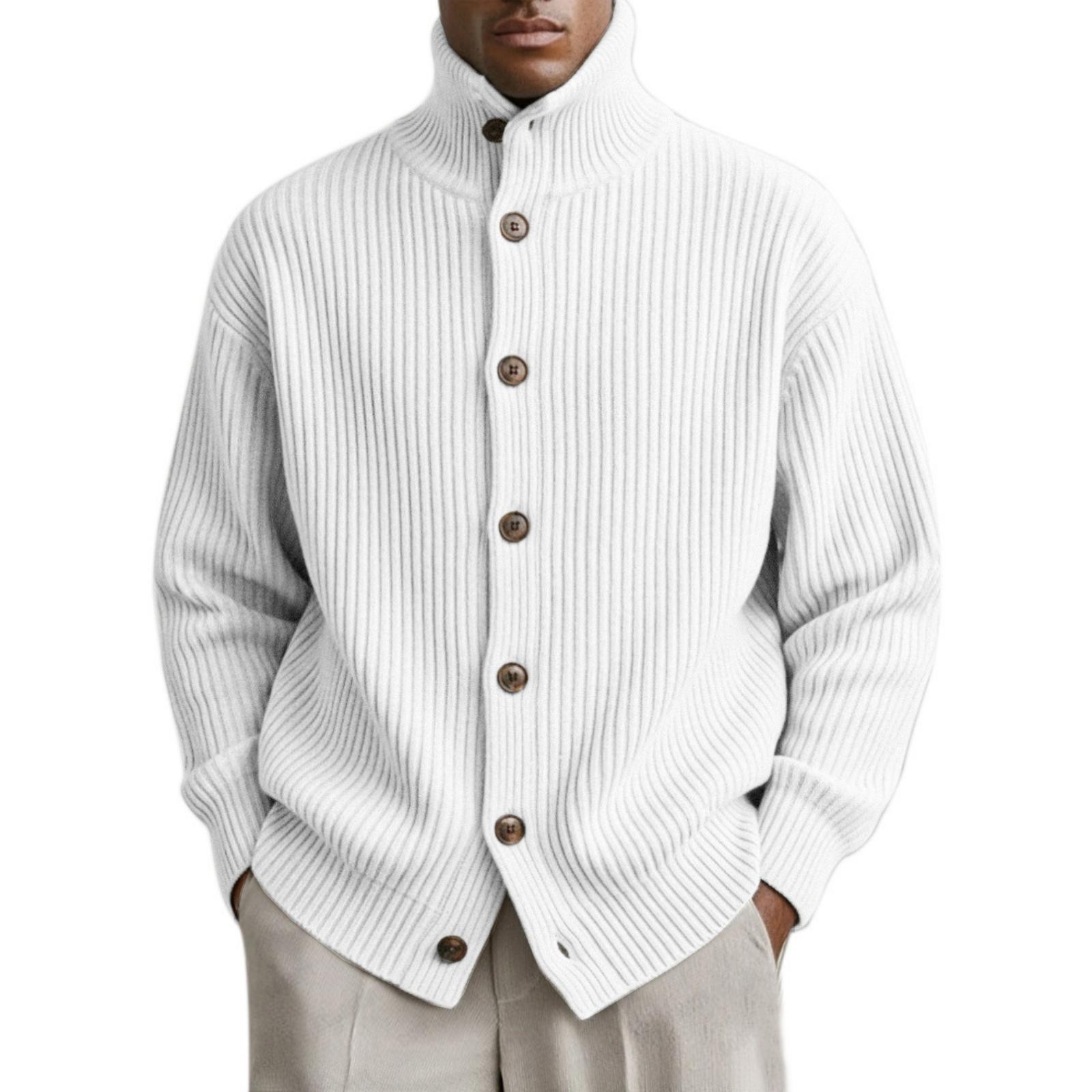 Мужской повседневный и свободный однотонный вязаный кардиган мужское пальто-кардиган с высоким воротником крупной вязки в полоску с длинным рукавом на пуговицах XXXL 2390₽