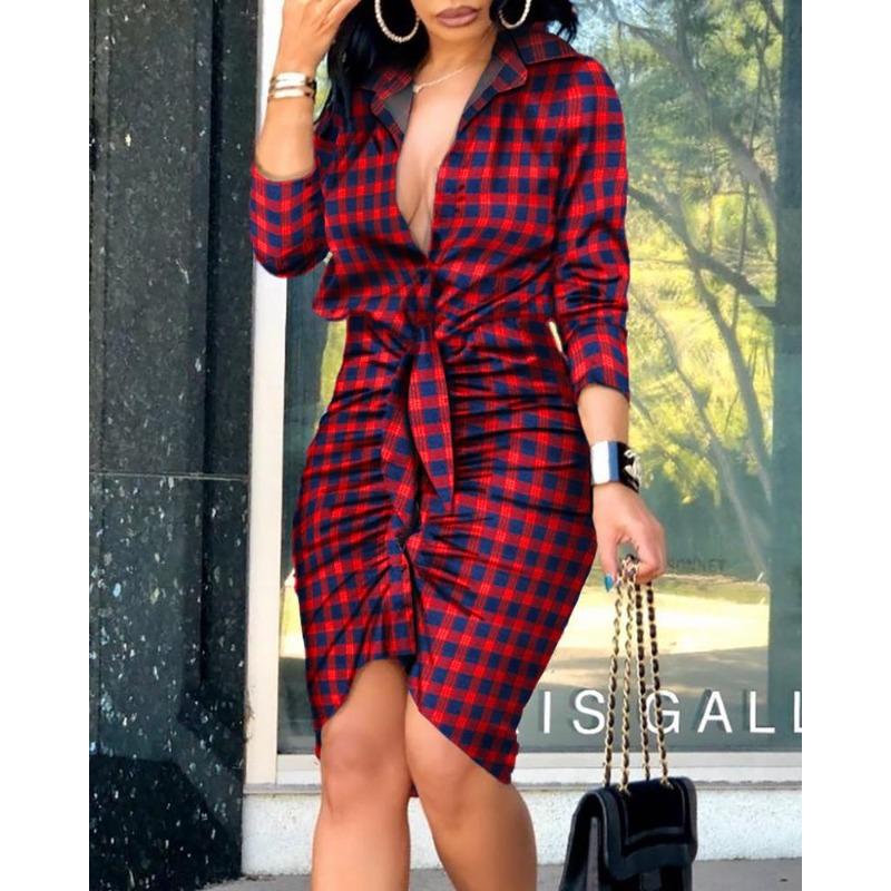 

**Summer V-Neck Solid Color Long Sleeve Midi Shirt Dress for Women** Small
