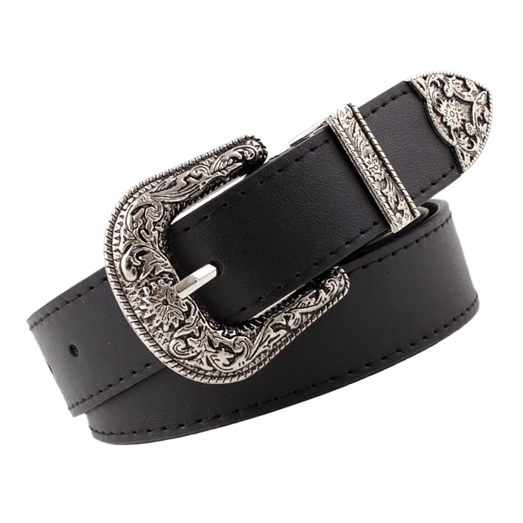 Women Waist Belt Exquisite Carved Buckle Adjust Size Fashionable Waist Belt for Pants Black Free