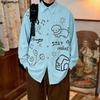 S-5XL Men Lapel Neck Long Sleeve Cute Print Casual Loose Oversized Tops Shirts