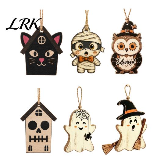 Vintage Cartoon Ghost Pumpkin Tags Halloween Wooden Ornaments, Rustic Spooky Owl Skull Decorative for Fall Festivals Hanging Decoration Fireplace Tree