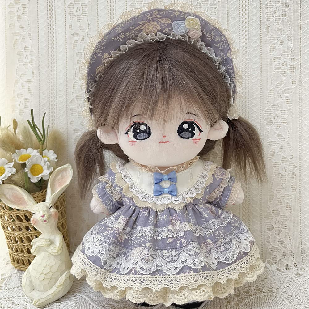 niannyyhouse 20cm Plush Clothes, Vintage Floral Lace Dress, Headwear, Dress-Up, Cotton Doll, Accessories (Gray-Blue)