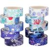 YUBX Masking Tape Set Washi Paper Ocean Blue with Silver Foil for DIY and Gift Decoration 10-Piece - Tape, Stamping, Crafts, Journals, Planners,