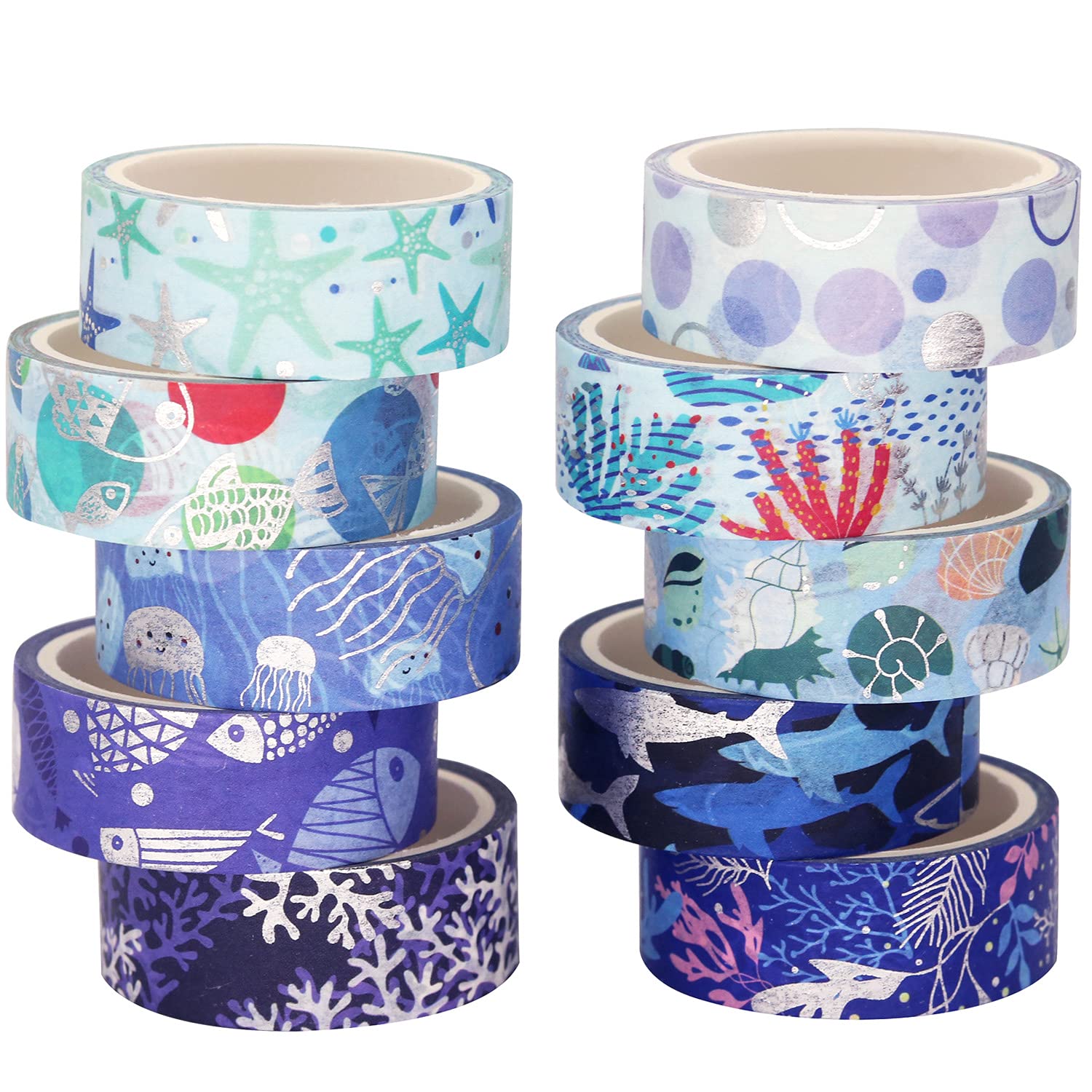 

YUBX Masking Tape Set Washi Paper Ocean Blue with Silver Foil for DIY and Gift Decoration 10-Piece - Tape, Stamping, Crafts, Journals, Planners,