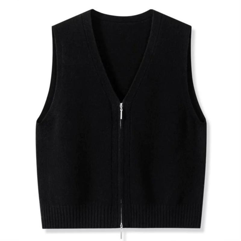 Women Knitwear Autumn Women Double Zipper V-neck Chic Simple Sleeveless Sweater Vest Out Wear Warm Gray Knitted Coat Cardigan