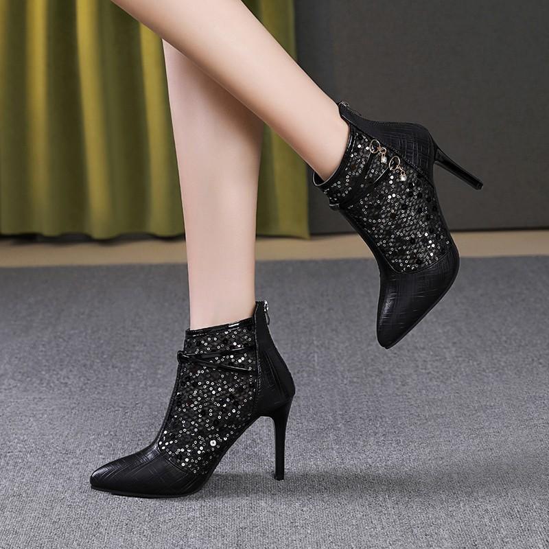 Außenhandel Übergröße Mesh Cool Boots Damen 2025 Sommer neu spitz paillettenbesetzt dünner Absatz hoher Absatz hohle Mesh-Stiefel
