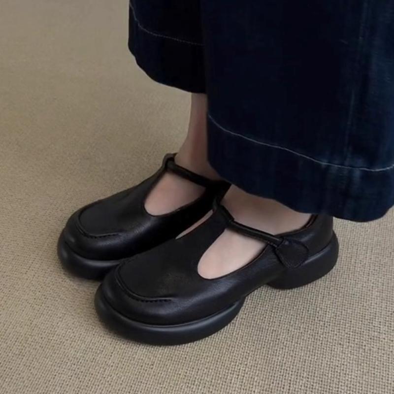 2025 New French Single Shoe Women's Round Toe High Heels Thick Leather Thick Soles Retro Mary Jane Women's Shoes