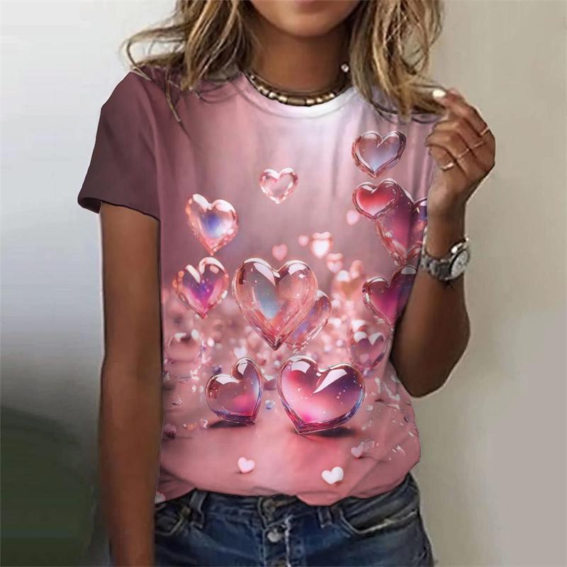 3D Bunter Liebesherz-Druck T-Shirt Hübsche Damenbekleidung Damenmode Lässiges T-Shirt Mädchen Übergroße Kurzarm-Tops Tees