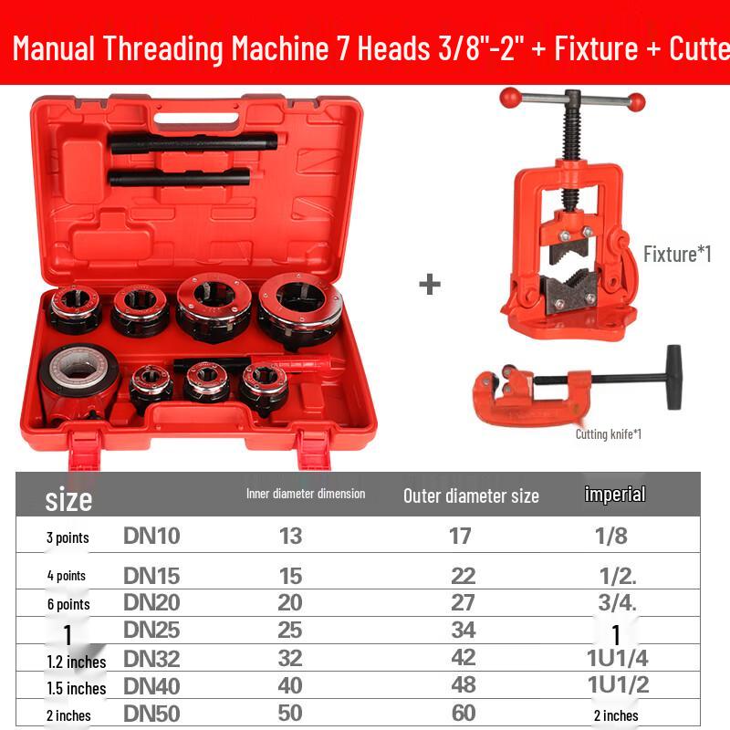 Bairuichuan Manual Pipe Threading Machine (3/8 -2 ) with 7 Dies CN plug (adapter included)