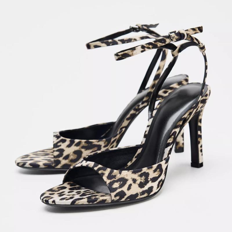 Fashion Fashion Leopard Print Round Toe Design High-heel Sandals Women Sexy Open-toe Ankle Strap Buckle Pumps Elegant Banquet Dress Shoe