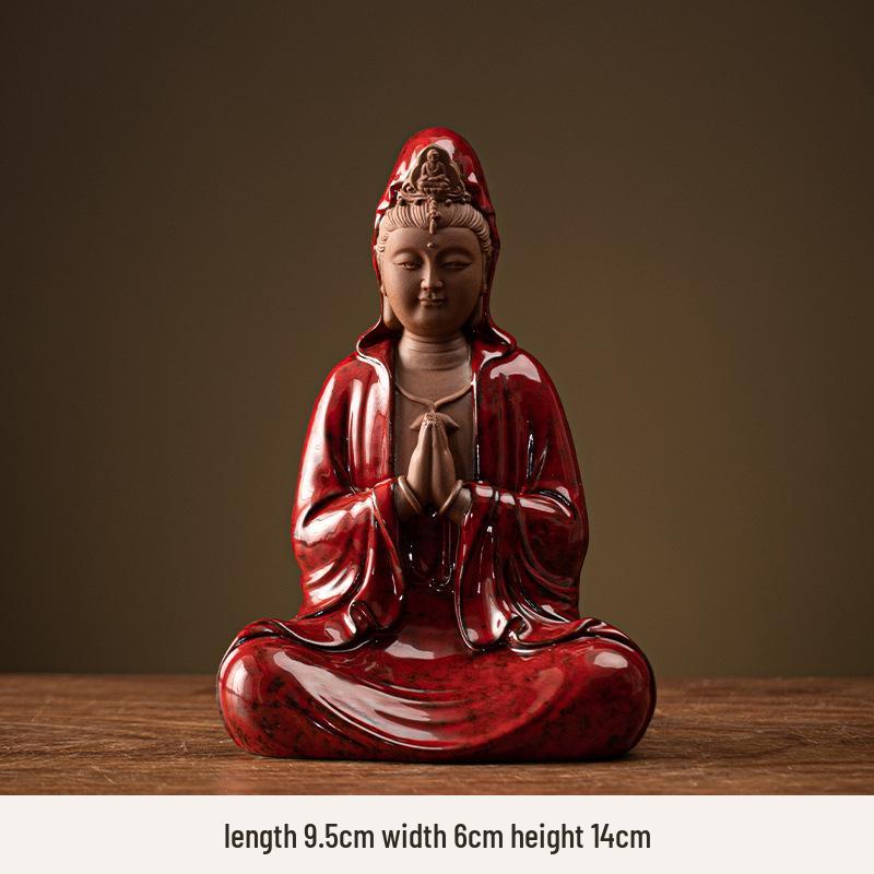 Ceramic Seated Guanyin On Lotus with Light Ring and Anjali Mudra for Home Decor