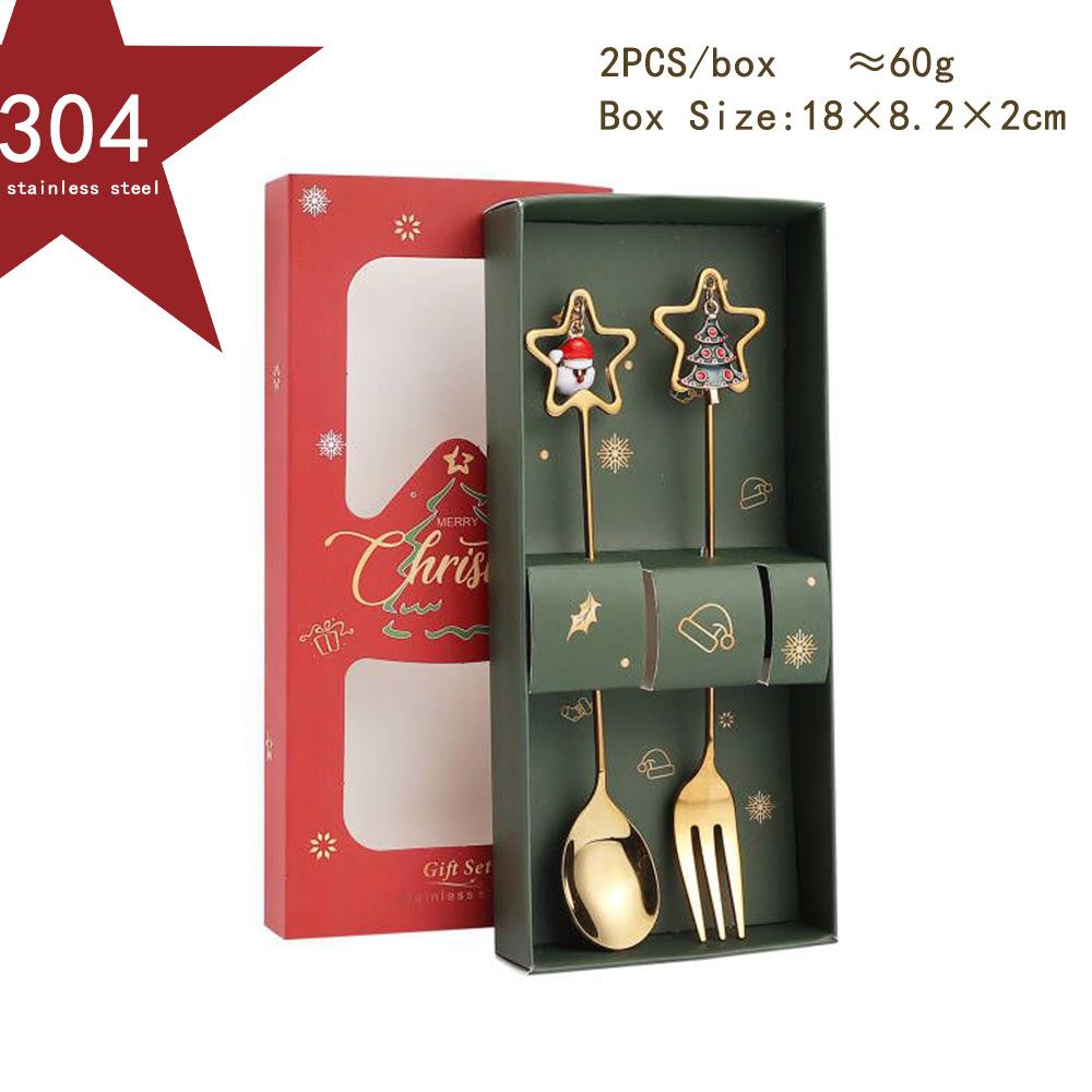 HANYANG juleskjesett julegavebestikk To sett med dessertskjeer og gafler Santa elg dukkeskje
