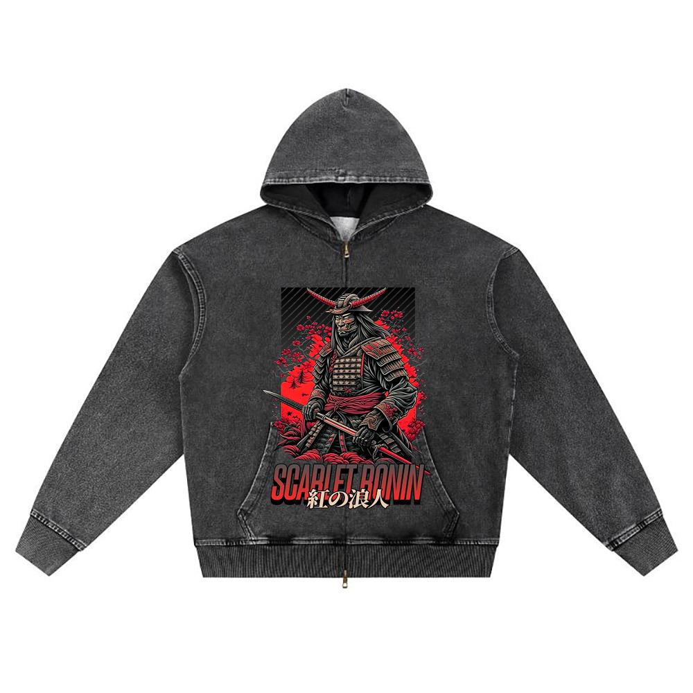 DTG print Knitted Denim Zip-Up Hoodie Japan Samurai Brother Print Zipper Hoodies  