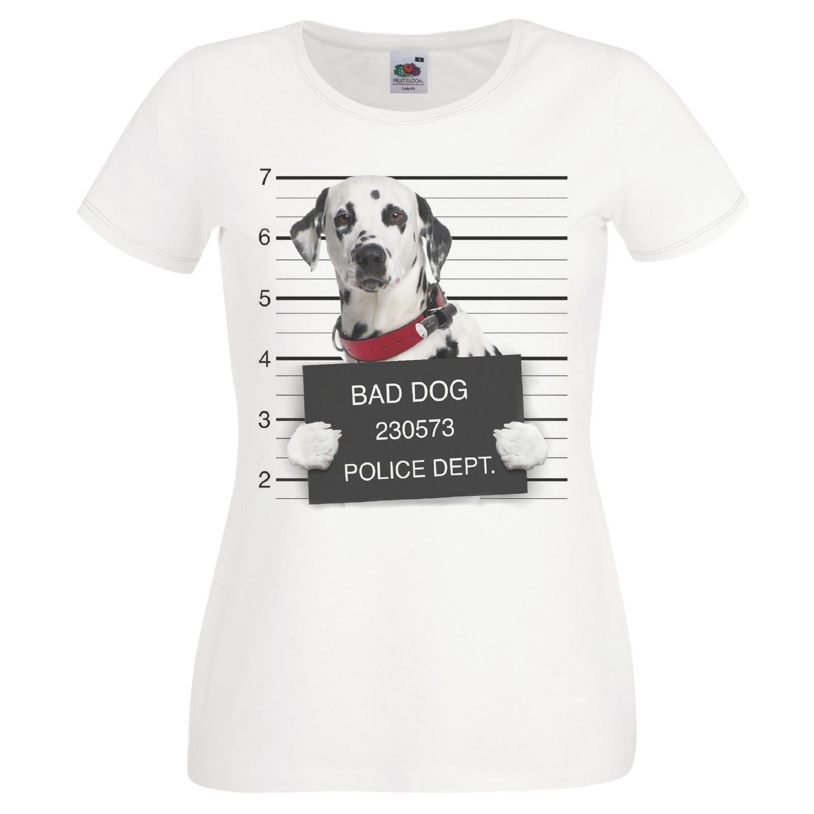 Ladies White Dog Mugshot Spotted Dalmatian Criminal Canine TShirt S