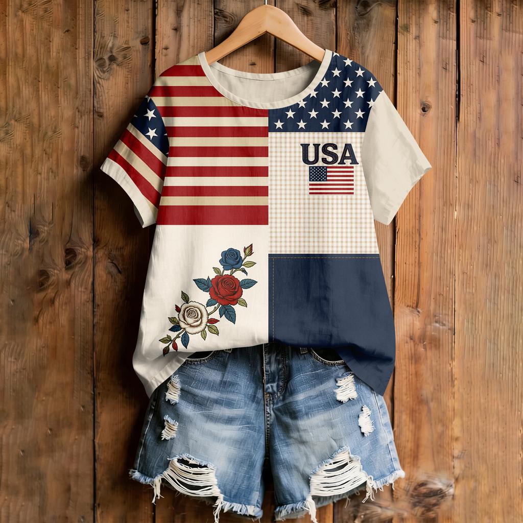 Women's American Floral Patchwork Print Casual T-Shirt 250Th Anniversary USA Shirt Patriotic Tshirt