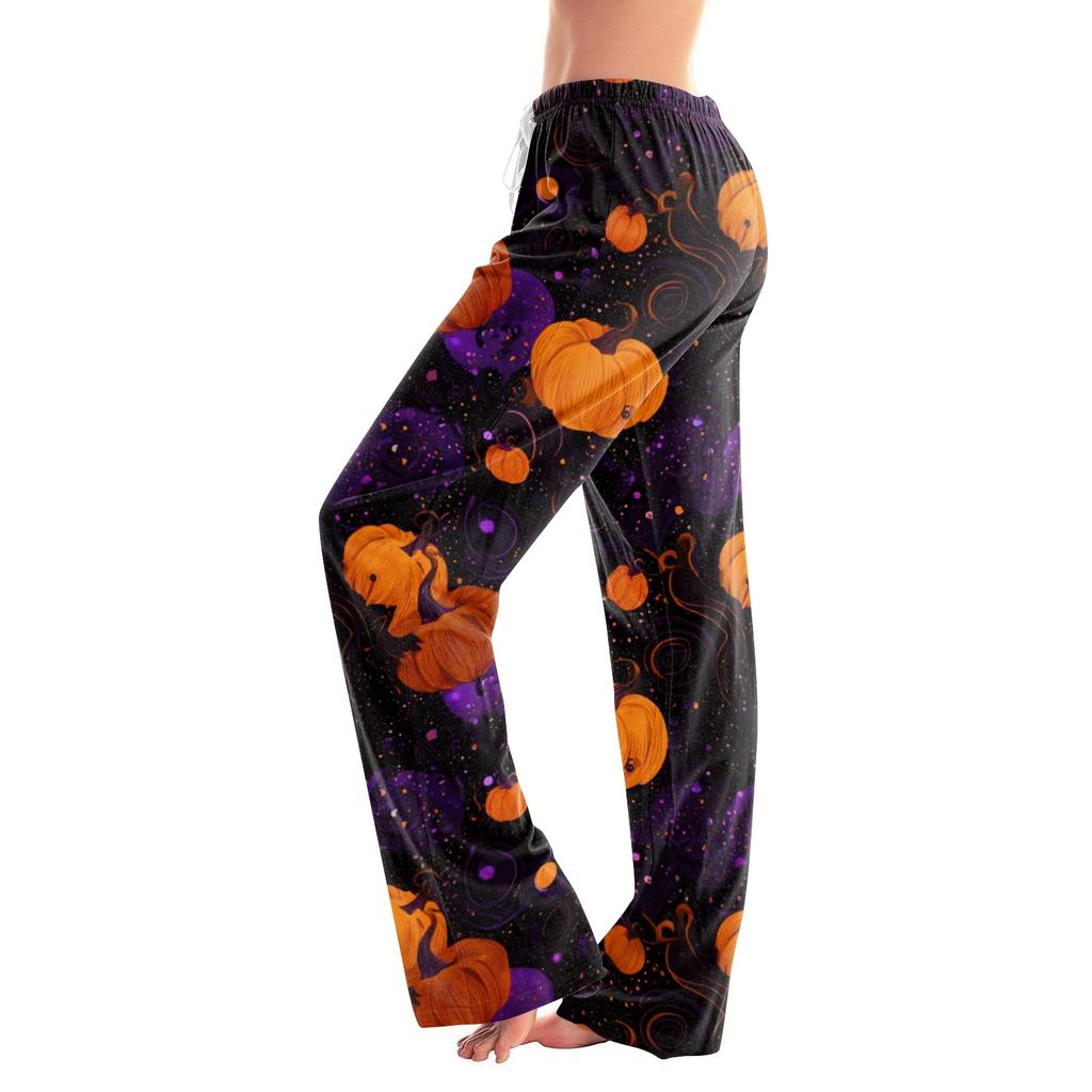 Women Drawstring Waist Halloween Print Long Pants Casual Loose Fit Trousers for Daily Home Lounge Wear