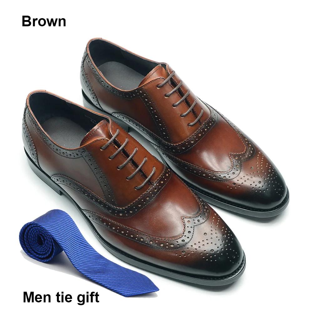 XEBOS Luxury Men's Dress Shoes Genuine Leather Brogue Wingtip Toe Oxford Black Brown Lace-Up Business Wedding Formal Men Shoes