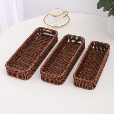 Plastic Imitation Rattan Storage Basket Universal Rectangle Faux Wicker Tray Home Desk Decoration Bread Food Plate