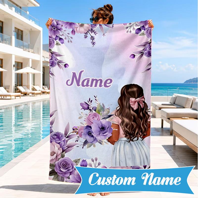 Custom Name Floral Princess Beach Towel Microfiber Beach Towel, Lightweight and Quick-Dry, for Summer Travel, Swimming Pool Gift