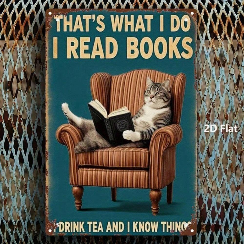 Vintage Cat Reading Tea Metal Sign 8x12 – Cartoon Wall Art for Home, Kitchen, Café, Bar & Garage