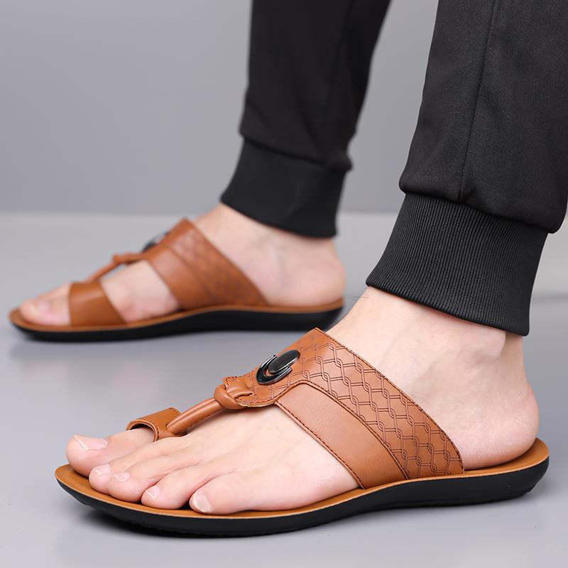 Men Black Leather Slippers Simple Flats Summer White Flip Flops Outdoor Sandals Open Toe Beach Shoes Plus Size