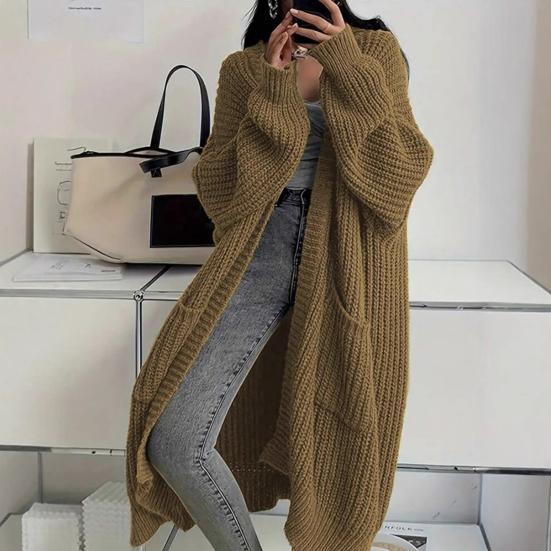 Women Long Cardigan Sweater Coat Open Front Mid-length Knitting Coat with Pockets Fall Winter Outwear
