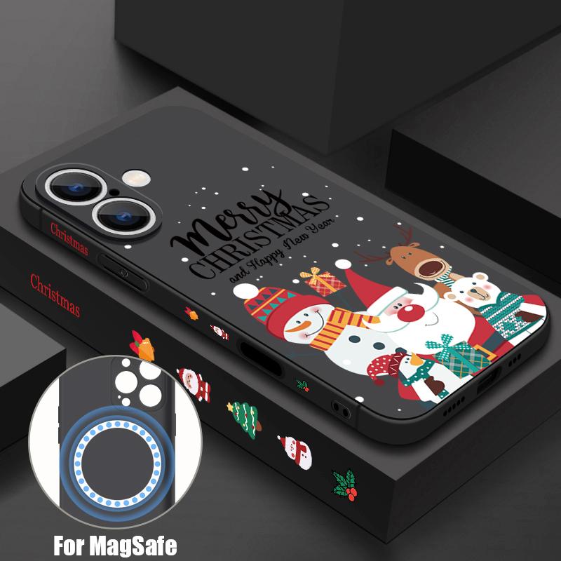 

Рождественский тонкий магнитный чехол с рисунком Санта-Лося для iPhone 16E 15 Pro Max 14 13 12 Pro 11 для Magsafe Матовый противоударный мягкий чехол-шнурок из ТПУ iPhone 16 Pro Max чёрный