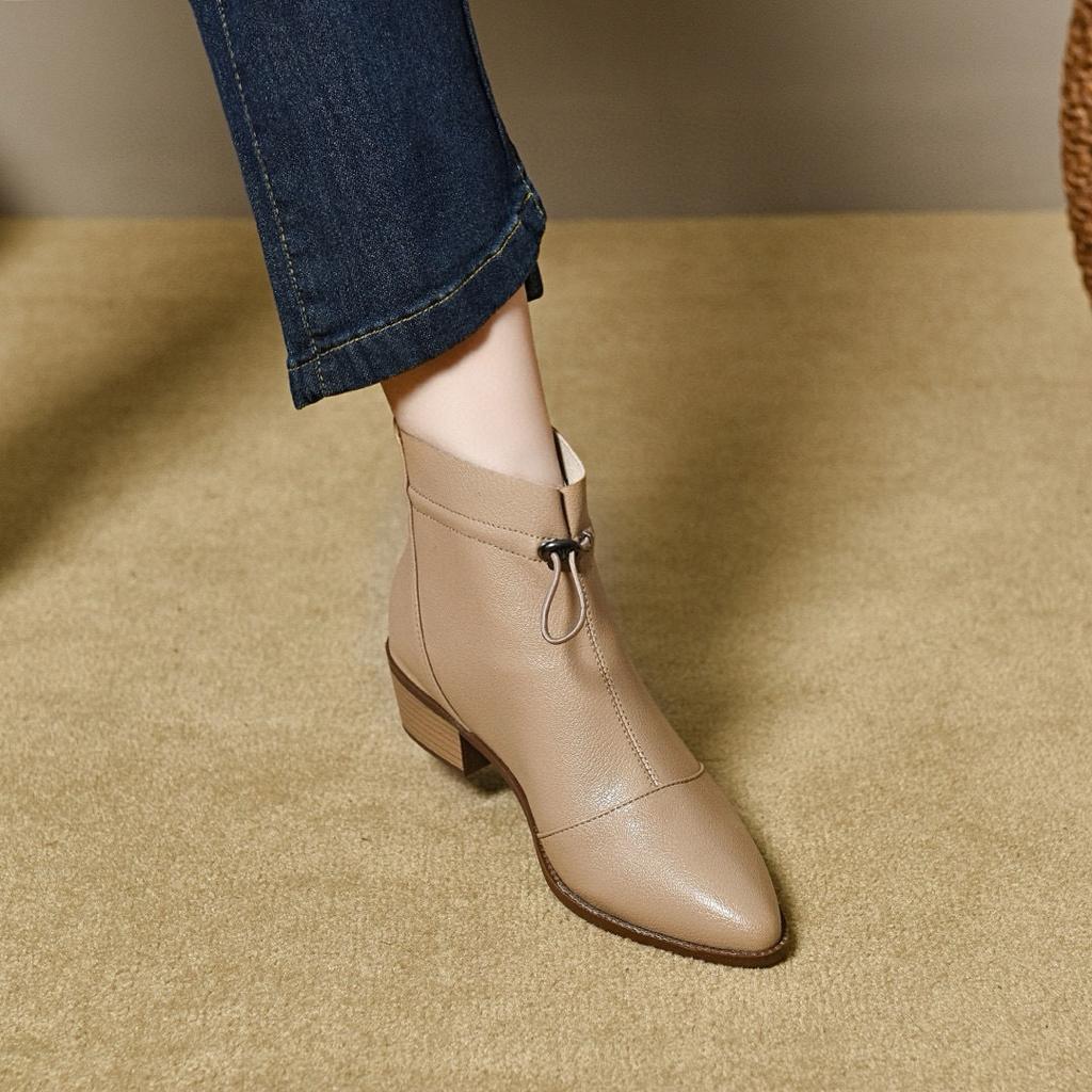 Pointed Short Boots Women's 2025 French Ruffle Edge Mid-heel Leather Boots Thin Women's Cotton Boots Fashion Boots Ankle Boots Large Size Women's Sho
