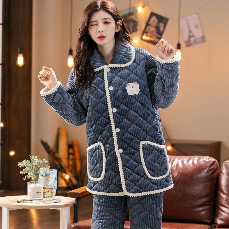 Pajamas women's winter three-layer thickened models fleece coral fleece warm padded cotton autumn and winter women's loungewear