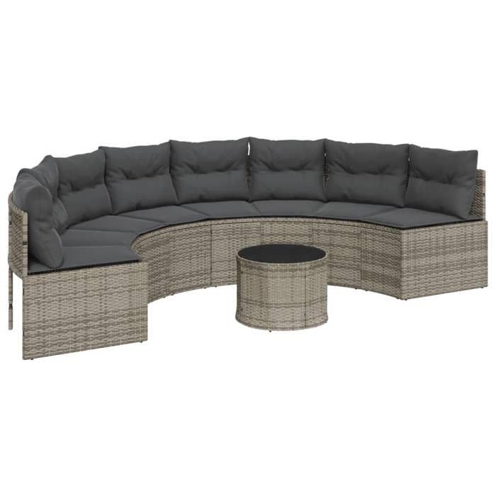 VidaXL Canapé de jardin table coussins demi-rond gris résine tressée, canapé d’extérieur, canapé de forme demi-ronde, canapé 3318527