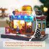 Christmas Animated Village Street Shop Gifts with LED Light & Music Burger French Fries House Figurine Ornaments Christmas Decor
