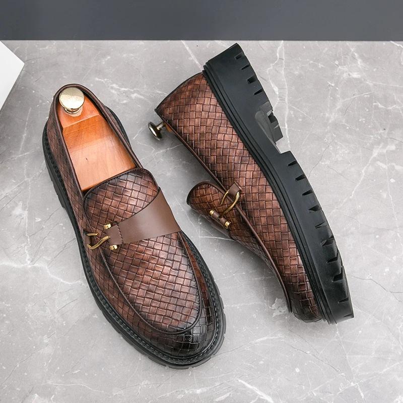 Men Leather Casual Dress Shoes Platform Loafers Slip-on High Quality Thick Bottom Height Increasing Shoes Oxfords Wedding Shoes
