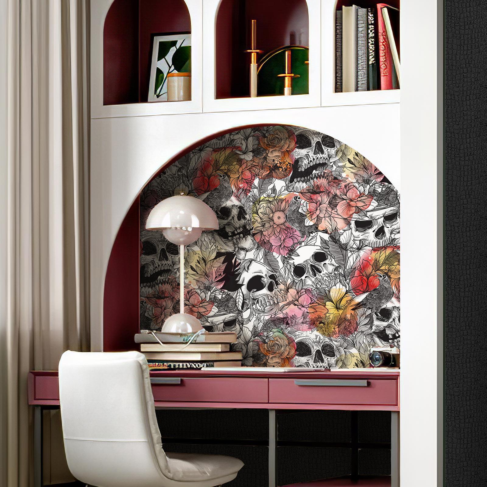 

Хэллоуин Красочный Скелет Обои Розовые Цветочные Белый Череп Настенный Декор Самоклеящиеся Виниловые Наклейки на Стену Шкафа Наклейка на Шкаф 44cmx300cm