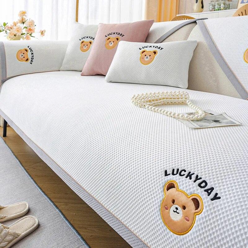 Pure Color Simplicity Ice Silk Sofa Cover Cartoon Embroidery Couch Mat Summer Cool Non-slip Sofa Cushion Soft Sofa Cushion Towel
