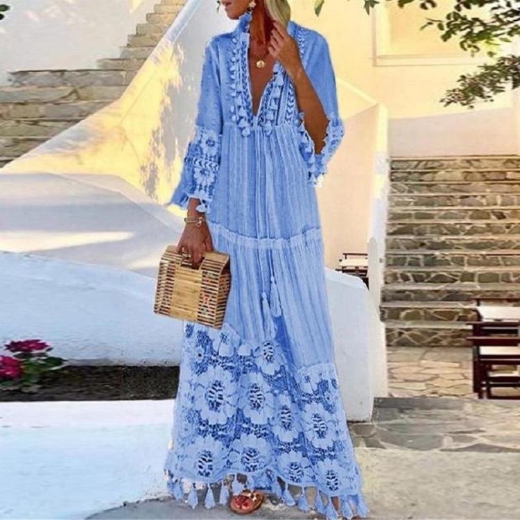 Spring Summer Long Dress Boho Lace Tassel Splicing