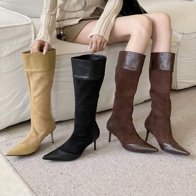 2025 Autumn and Winter New Pointed Thin Heel High Heel Temperament French Fashion Splicing Suede Sexy Beautiful Women Boots