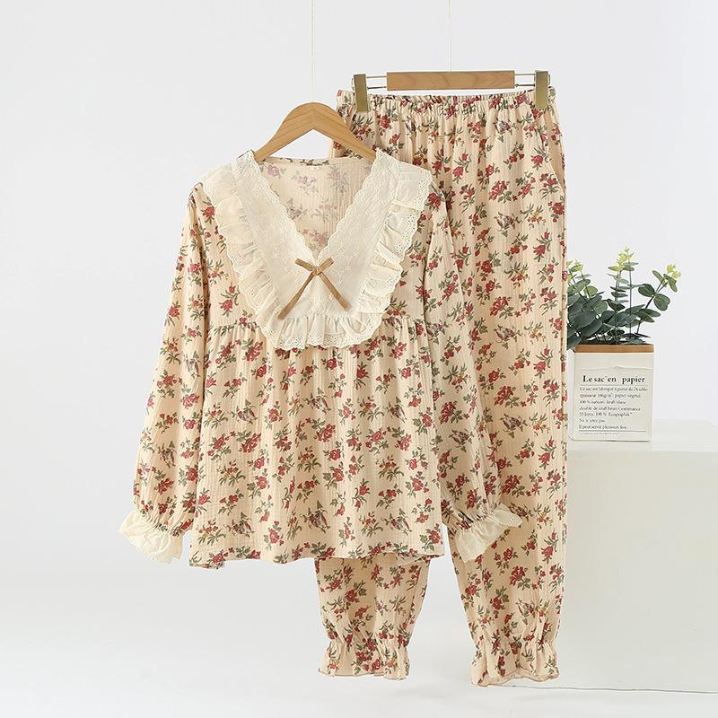 Women's Sweet Pajama Set Full Sleeve Comfort Top Long Pants Sexy Lace Accents Princess Bow Flower Print Elegante Pajamas