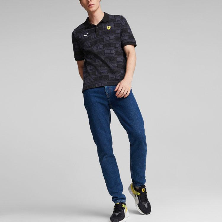 Puma FW22 Seria Wyścigowa Ferrari Cały Nadruk z Logo Koszulka Polo z Krótkim Rękawem Męskie Koszulki Polo Czarna 535844-01