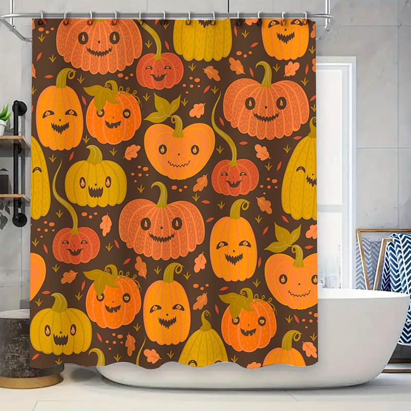 Halloween Pumpkin Shower Curtain, Fall Decorative Bath Mat, Orange and Brown Patterned Fabric Waterproof Bathroom Liner Set for